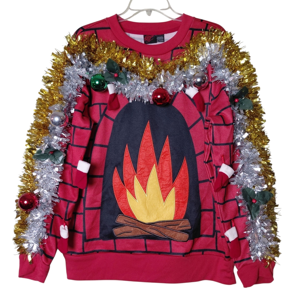MAD Engine Red Festive Fireplace Crewneck Ugly Sweater W/Ornaments Size XL